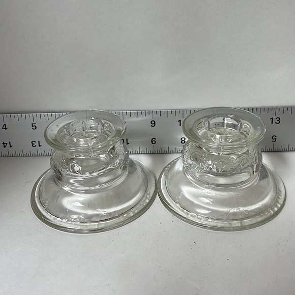 Vintage 1980 Madrid candleholders set of 2 pressed glass scroll floral design - Picture 5 of 10